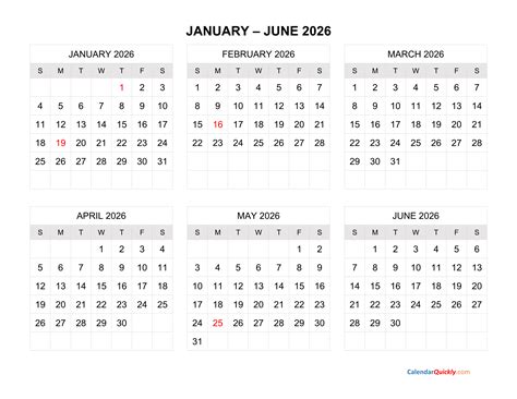 January to June 2026 Calendar Horizontal | Calendar Quickly