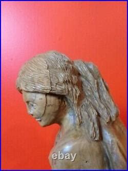 17 Carved Wooden Sculpture Nude Woman C 1960s ISRAEL Handmade Figural VINTAGE