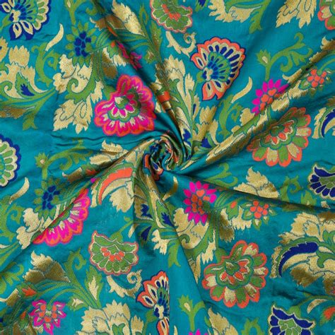 Buy Green Pink And Golden Floral Banarasi Silk Fabric For Best Price