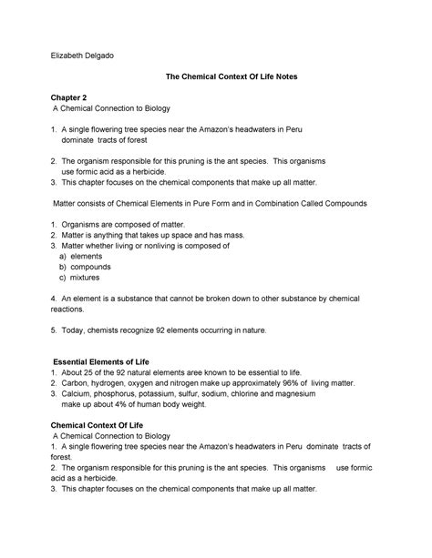 Biol 1406 Chapter 2 Lecture Notes 2 Elizabeth Delgado The Chemical