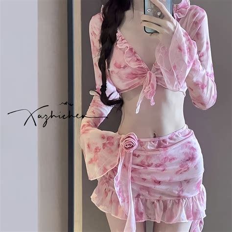 áo bikini dây Bikini Rope hồng Swimsuit Set Bốn mảnh Beach Holiday Hot Spring Phụ nữ Swimsuit Ôm