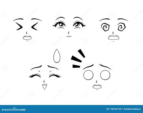 Set Of Funny Anime Faces Hand Drawn Vector Cartoon Illustration