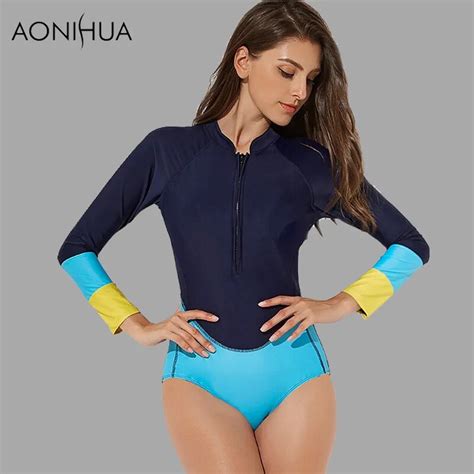 Aonihua Push Up Swimwear Slim Patchwork Rash Guards Female Swimsuits Long Sleeves Surfing