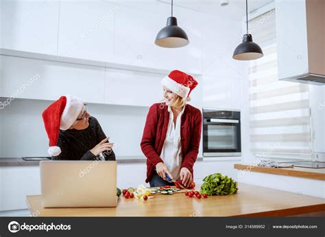 Attractive Caucasian Blonde Woman Chopping Vegetables Preparing Healthy