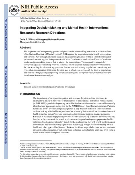 Pdf Integrating Decision Making And Mental Health Interventions