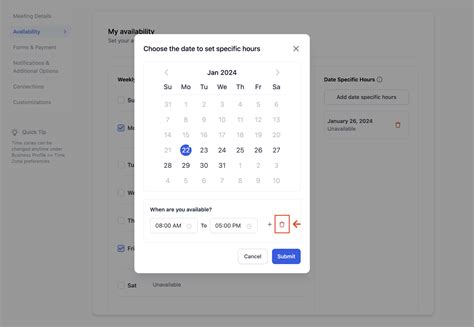 Calendar Availability - Weekly Working Hours & Date-Specific Hours