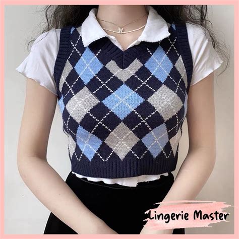 Jual Lingerie Master T V Neck Rompi Rajut Kotak Kotak Wanita Korean Style Crop Top