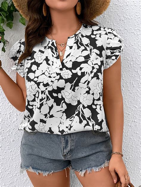 Shein Lune Blusa Con Estampado Floral De Cuello Notch De Manga Mariposa