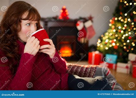 Pretty Redhead Drinking Hot Drink At Christmas Stock Image Image Of Household Armchair