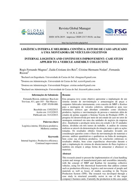 PDF Logística Interna e Melhoria Contínua Estudo de Caso Aplicado a