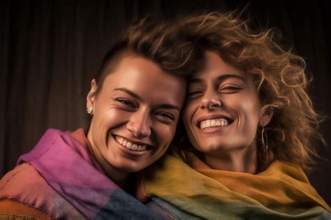 Premium Photo A Beautiful And Happy Gay Lesbian Couple With Rainbow Colors Flag Lgbtq Pride
