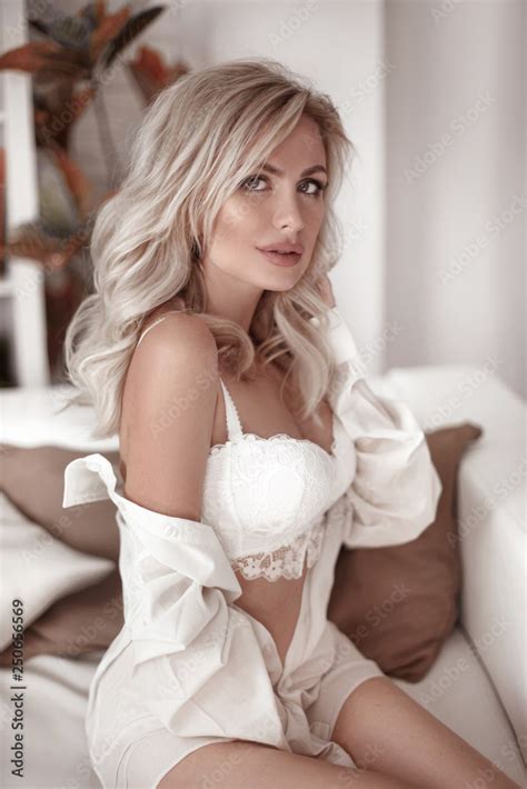 Sexy Blonde Bride Portrait In White Shirt And Lingerie Beautiful Fashion Blond Woman Model In