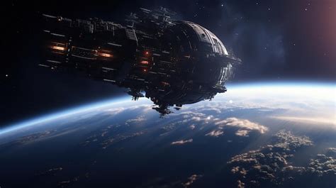 Premium Photo | A huge spaceship flies over the planet in space AI ...