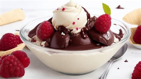 Premium Ai Image Full Shot Of Gourmet Ice Cream Sundae Chocolate And Raspberry By Generative Ai