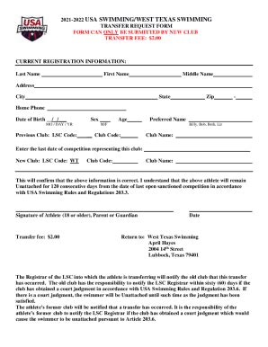 Fillable Online Usa Swimming West Texas Swimming Transfer Request Form