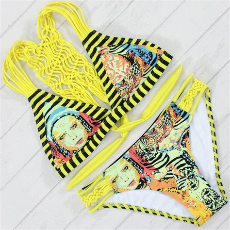 2017 Strappy Bikini Sexy Women Bikini Set Vintage Bathing Suit Brazilian Print Biquini High