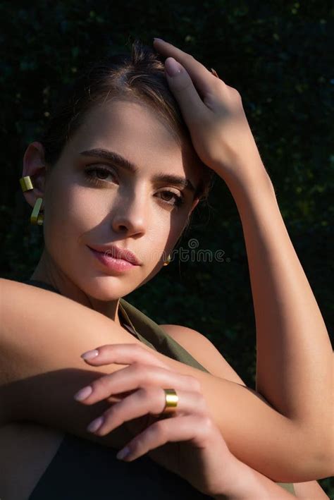 Romantic Young Woman Posing Near Summer Greenery Outdoor Country Style