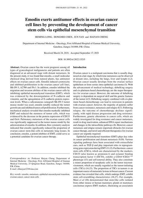 Pdf Emodin Exerts Antitumor Effects In Ovarian Cancer Cell Lines By