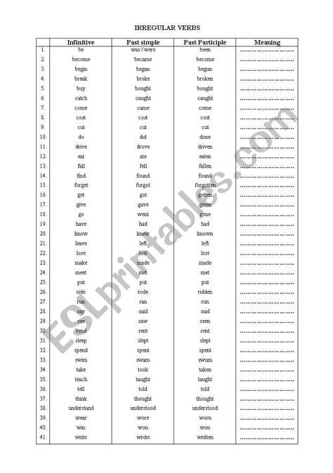 Irregular Verbs List Esl Worksheet By Sweetgirlkarina27