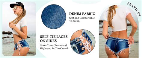 Feoya Women S Low Rise Denim Shorts Sexy Lace Up Micro Jeans Thong Cut Off Mini Hot Pants Frayed