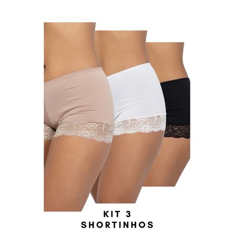 Kit 3 Shortinho Renda Segunda Pele Microfibra Cueca Boxer Feminina Lingerie Dormir Confortável