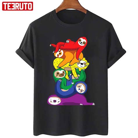 Gay Pride Sloth Lgbt Kawaii Sloth Pile Cute Rainbow Flag Unisex T Shirt Teeruto