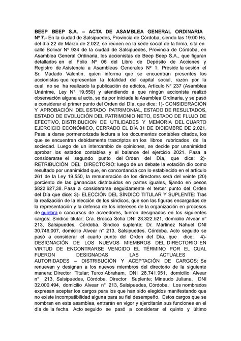 Tp 3 personas juridicas - BEEP BEEP S. – ACTA DE ASAMBLEA GENERAL