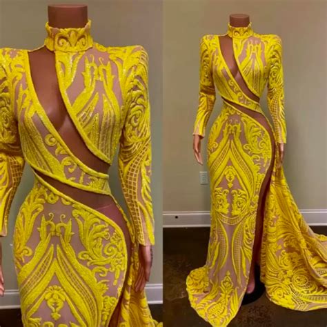 Long Sleeve Sexy Prom Dresses 2023 High Neck Side High Slit Yellow ...