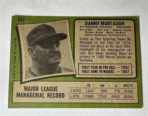 Topps Danny Murtaugh Manager Pittsburgh Pirates Ex Nm Ebay