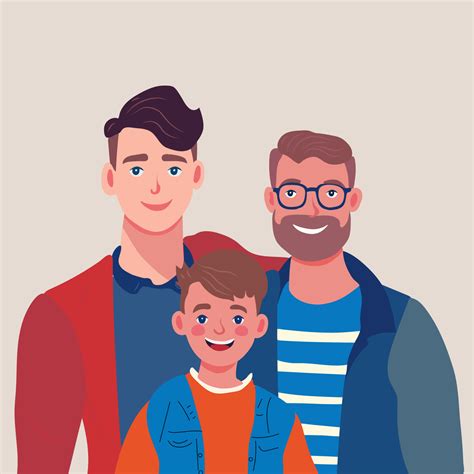 masculino gay Pareja adoptando bebé dos contento joven hombres y niño plano vector ilustración