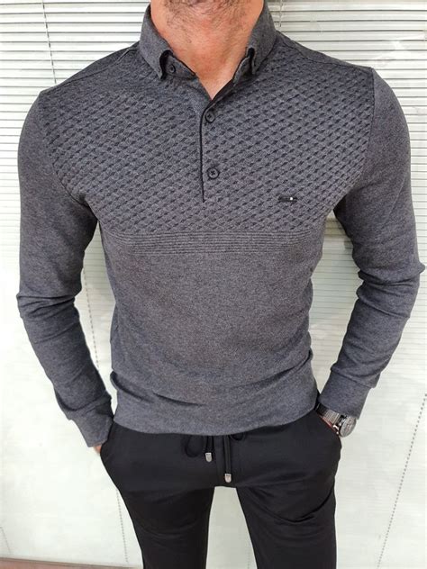 Dark Gray Slim Fit Long Sleeve Polo Shirt for Men by GentWith.com