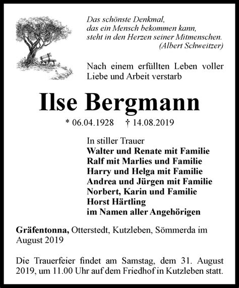 Traueranzeigen Von Ilse Bergmann Trauer In Thueringen De