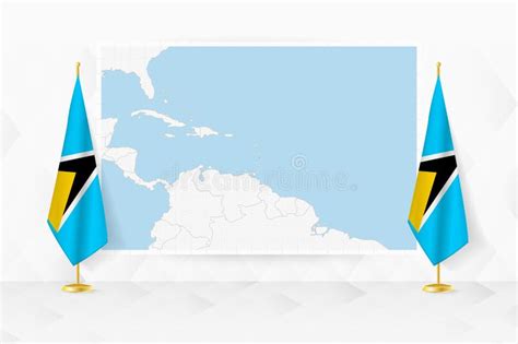 Map Of Saint Lucia And Flags Of Saint Lucia On Flag Stand Stock