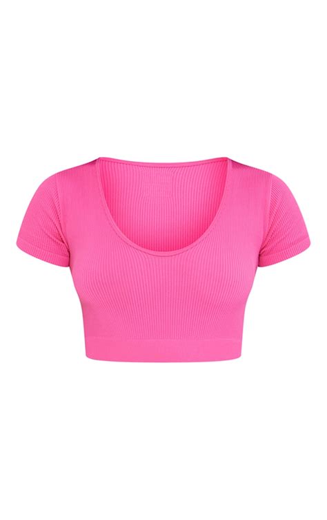 Hot Pink Contour Rib Band Short Sleeve Crop Top Prettylittlething Aus