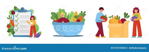 set  cartoon characters  young people eating healthy food stock