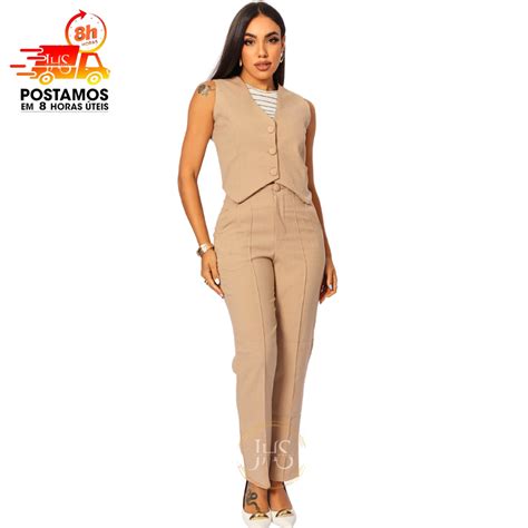 Conjunto Colete E Calça Alfaiataria Linho - Conjunto Feminino Alfaiataria Linho Colete + Calça Social Trabalho ...