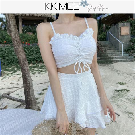 KKimee現貨 泳衣 比基尼細肩肩 平口褲SG73顯瘦性感韓系A字裙荷葉滾邊鋼圈 泳裝 BIKINI 蝦皮購物