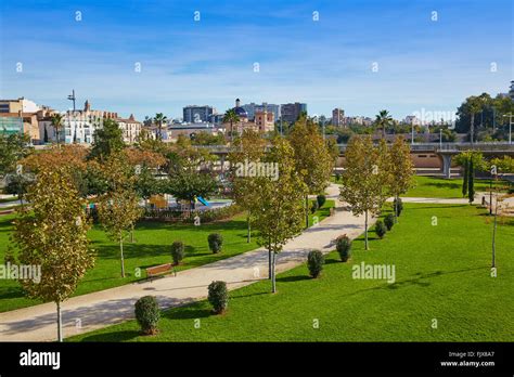 Valencia Turia river park gardens and skyline in Spain Stock Photo - Alamy