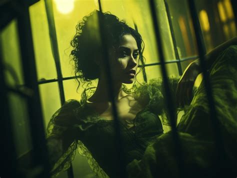 Premium Ai Image A Woman In A Green Dress Sitting In A Cage