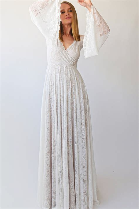 Vintage wrap Lace dress Long Bell Sleeves Wedding Gown #1394