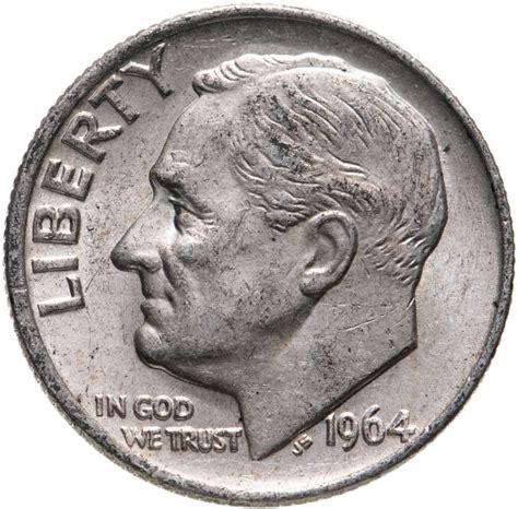 Монета США 10 центов (дайм, one dime) 1964 "Silver Roosevelt Dime ...