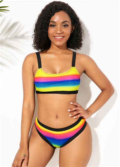 Rainbow Color Spaghetti Strap Multi Stripe Bikini Set Rosewe USD