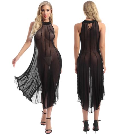 Women Sexy Lace Sheer Dress Split See Through Mesh Lingerie Nightwear Nightdress EBay
