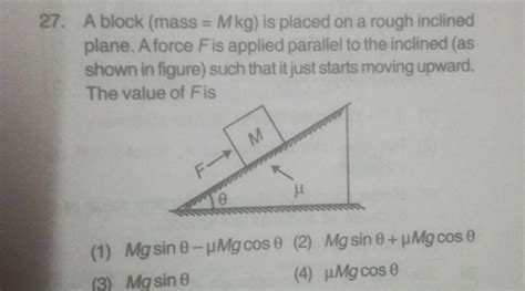 A Block Mass M Kg Is Placed On A Rough Inclined Plane A Force Fis Ap