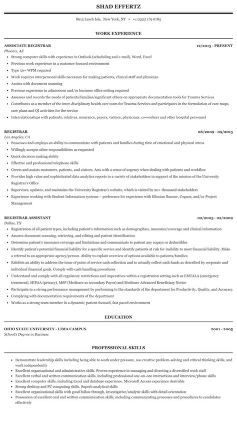 University Registrar Resume Sample