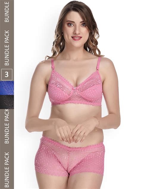 Buy AROUSY Pack Of Self Design Non Padded Non Wired Lace Lingerie Set Lingerie Set For Women