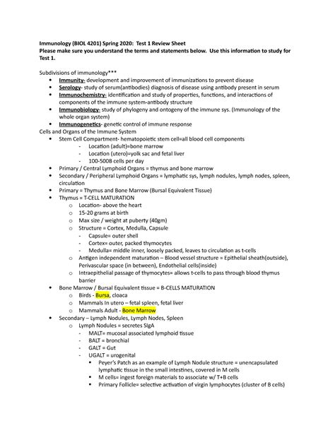 Immunology Review Test Immunology Biol Spring Test