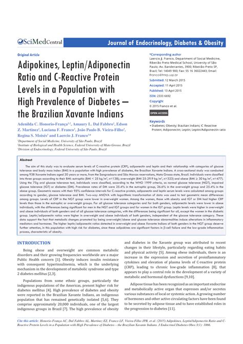 Pdf Adipokines Leptin Adiponectin Ratio And C Reactive Protein