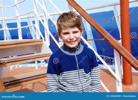 Portrait Of Happy Little Kid Boy On Cruise Ship Funny Beautiful Child