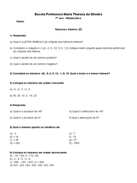 Atividades Aula de Matemática 7º Ano | PDF | Álgebra abstrata | Números